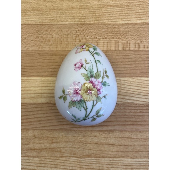 Unknown Other - Vintage Porcelain Egg Shape Trinket Dish Pink Green Yellow Floral